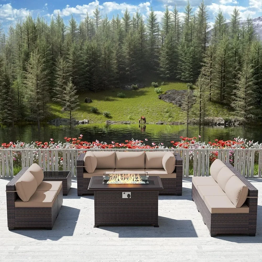 Outdoor Furniture And Fire Pit - - Terrassenmöbel-Set mit Propan-Feuerstellentisch, 10-teiliges Gartenmöbel-Gesprächsset