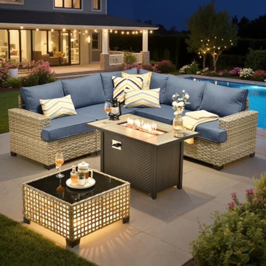 Outdoor Furniture And Fire Pit - Outdoor-Sitzgruppe mit Feuerstelle, Rattan-Gesprächssets, L-förmige Gartenmöbel