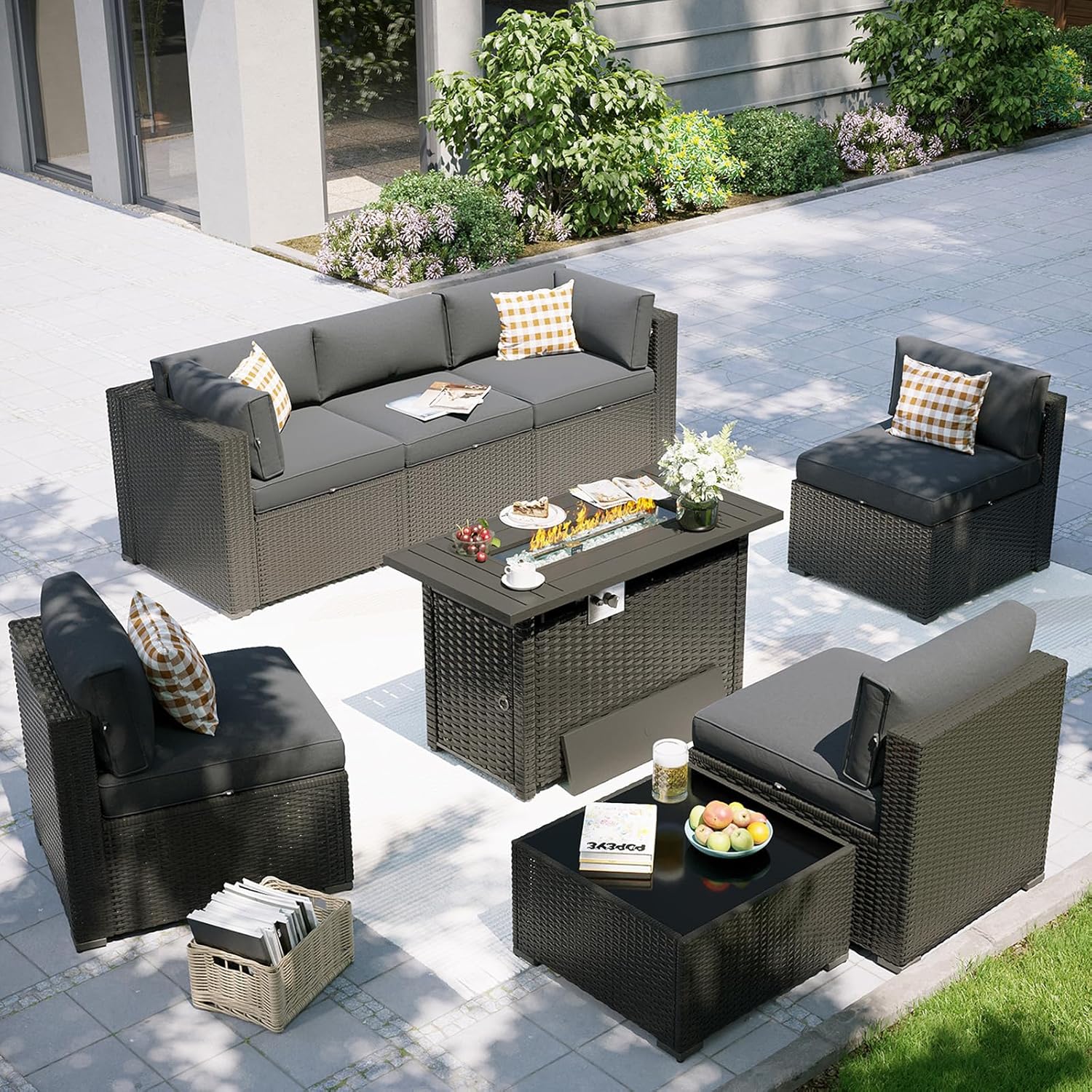Outdoor Furniture And Fire Pit - Terrassenmöbel-Set mit Feuertisch, 8-teilige Outdoor-Sofagarnitur, Rattan-Gartenmöbel,