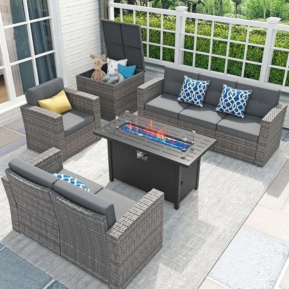 Outdoor Furniture And Fire Pit - 8-teiliges Gartenmöbel-Set mit 45-Zoll-Feuertisch, Outdoor-Sitzgruppe mit