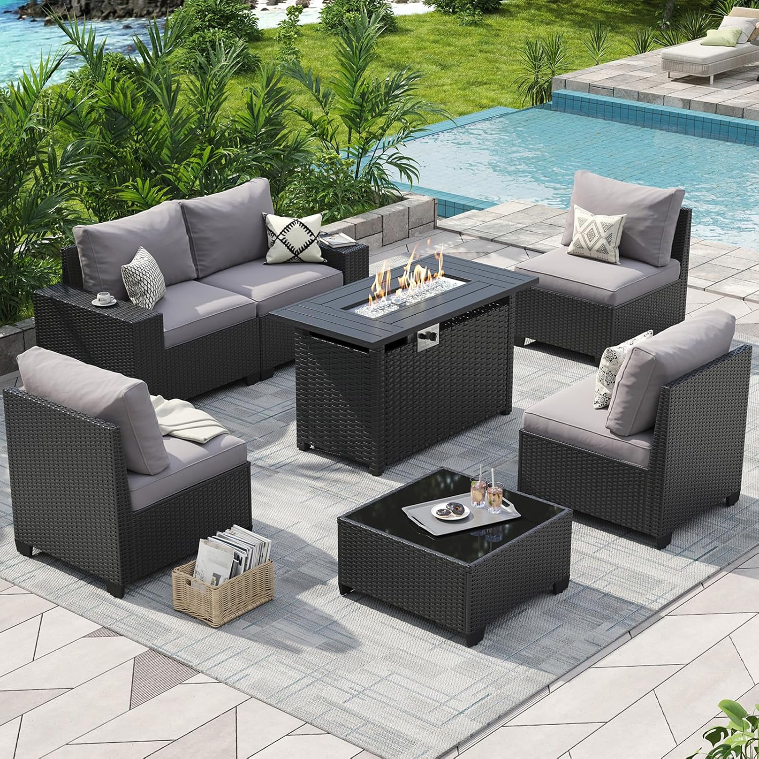 Outdoor Furniture And Fire Pit - Outdoor-Möbelset mit 44-Zoll-Feuertisch, 7-teiliges Outdoor-Sofa-Set mit