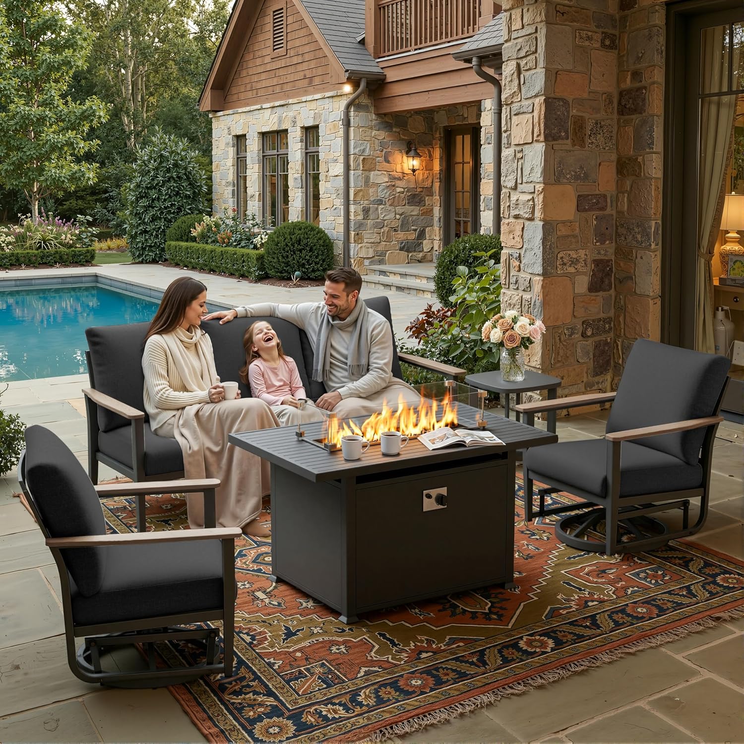 Outdoor Furniture And Fire Pit - 5-teiliges Aluminium-Gartenmöbel-Set mit Schaukelstühlen, 5-Zoll-Kissen und