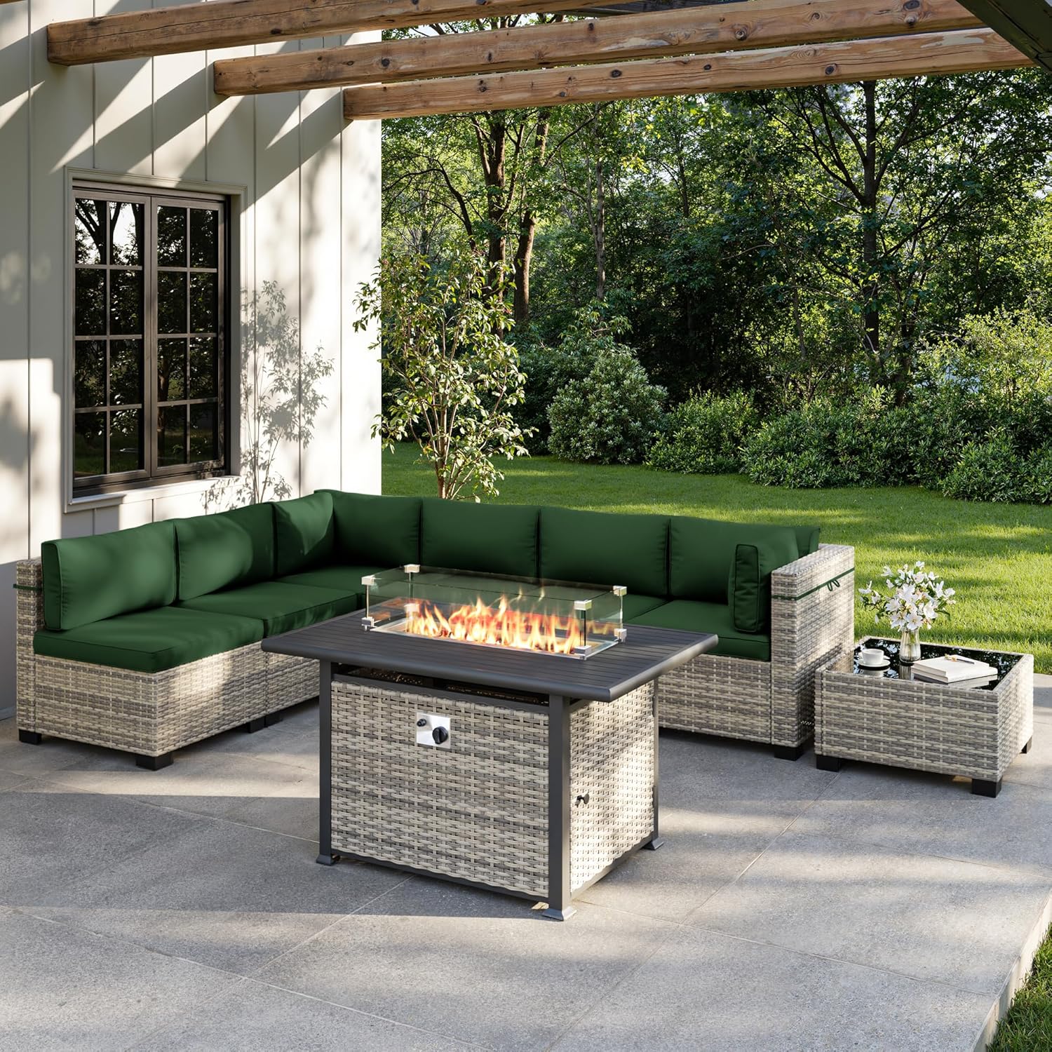 Outdoor Furniture And Fire Pit - 8-teiliges Outdoor-Gartenmöbel-Set mit 55.000 BTU Feuertisch,