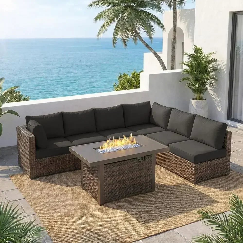Outdoor Furniture And Fire Pit - 7-teiliges Gartenmöbel-Set mit 42 cm Feuerstelle,